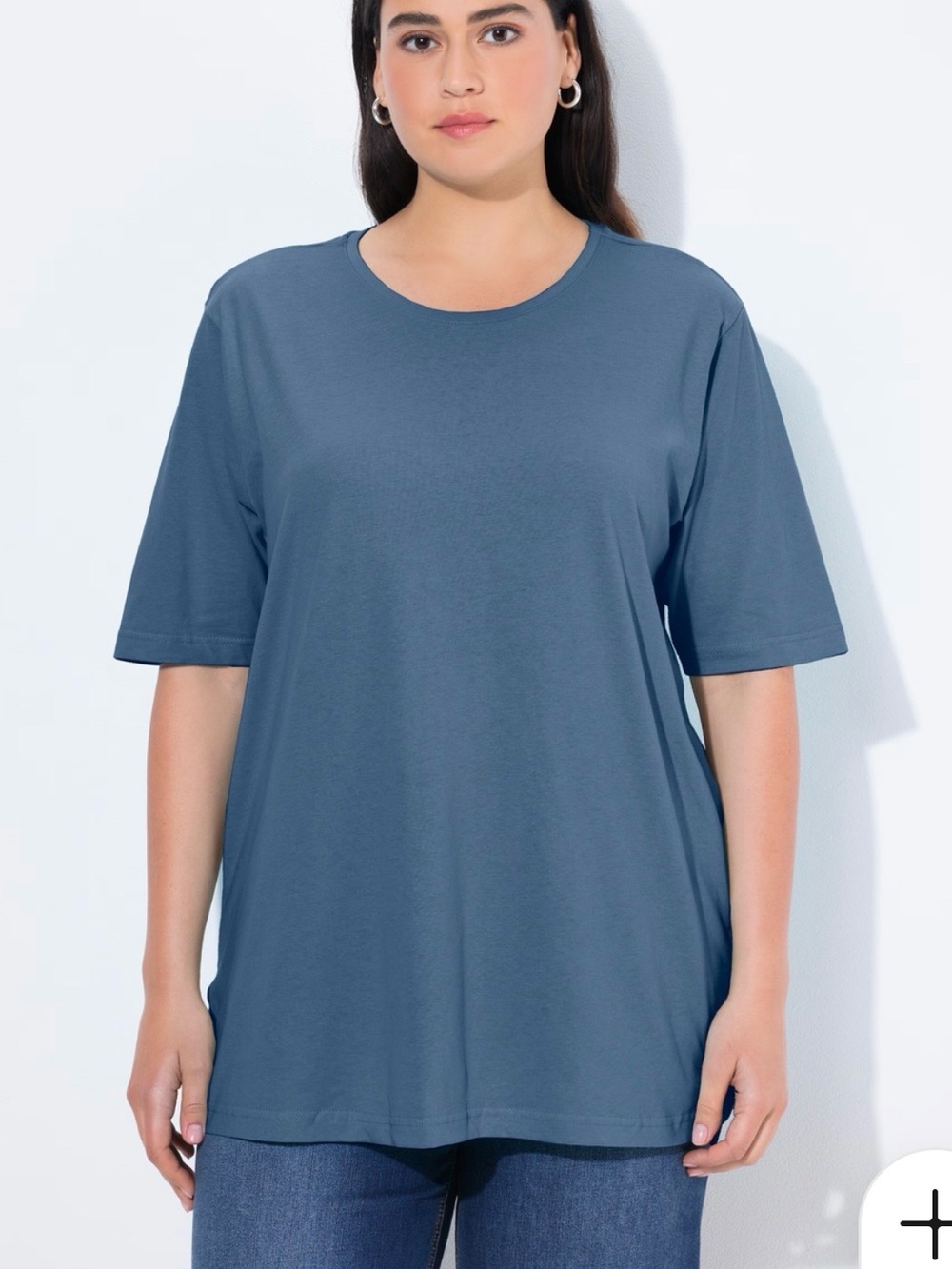 Ulla Popken Basic Round Neck Short Sleeve Relaxed Fit Tee in Blue Denim Size 28